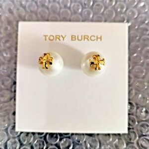 Tory Burch Gold and Cream Logo Stud Earrings
